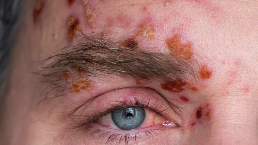 Close up of a man's eye with a herpes zoster opthalmicus outbreak
